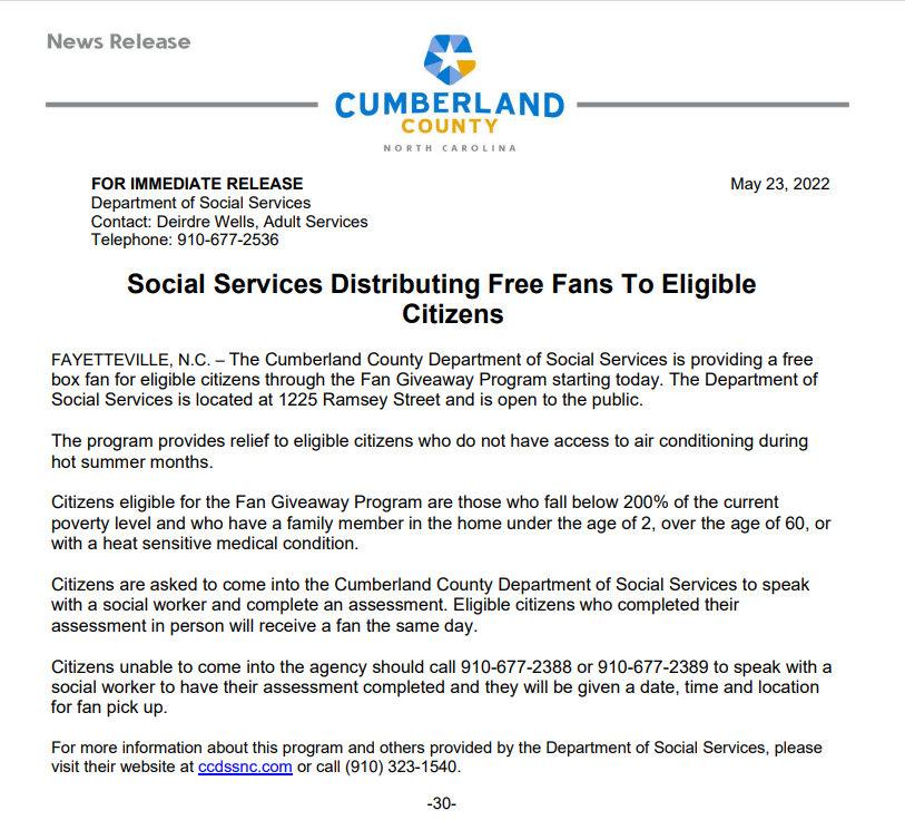 Free fans for Seniors begins May 23rd with DSS Town of Spring Lake