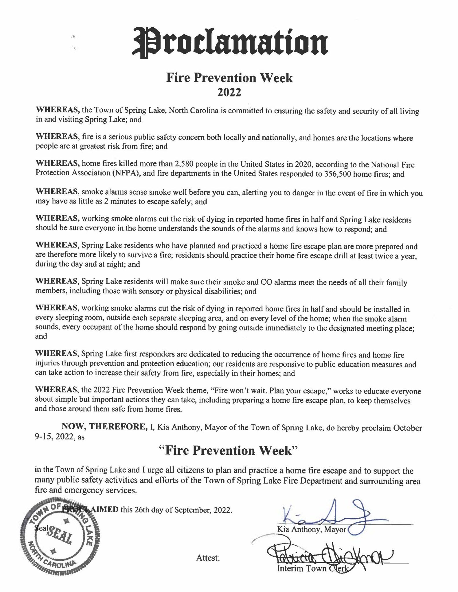 Fire Prevention Week Proclamation Town of Spring Lake Town of