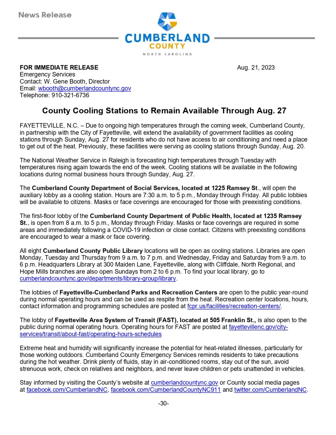 County Cooling Stations to Remain Available Through Aug. 27 Town of